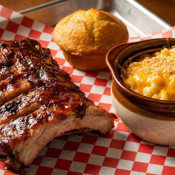 BBQ ribs, mac and cheese, and a corn muffin on a red and white checkered paper.