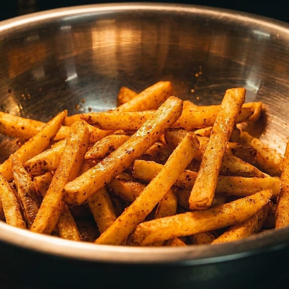 Close-up of golden-brown seasoned french fries in a metallic bowl, under warm lighting.