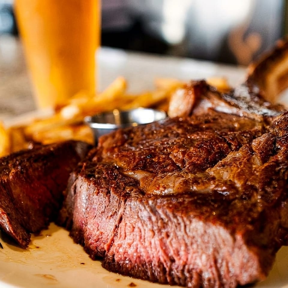 A perfectly cooked tomahawk steak with fries, a sprig of rosemary, and a drink on a marble counter.