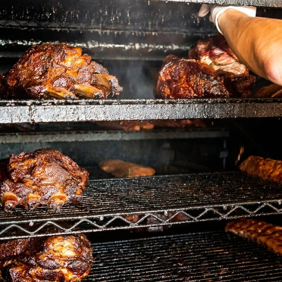 A gloved hand places ribs into a large, dark smoker filled with various cuts of meat.