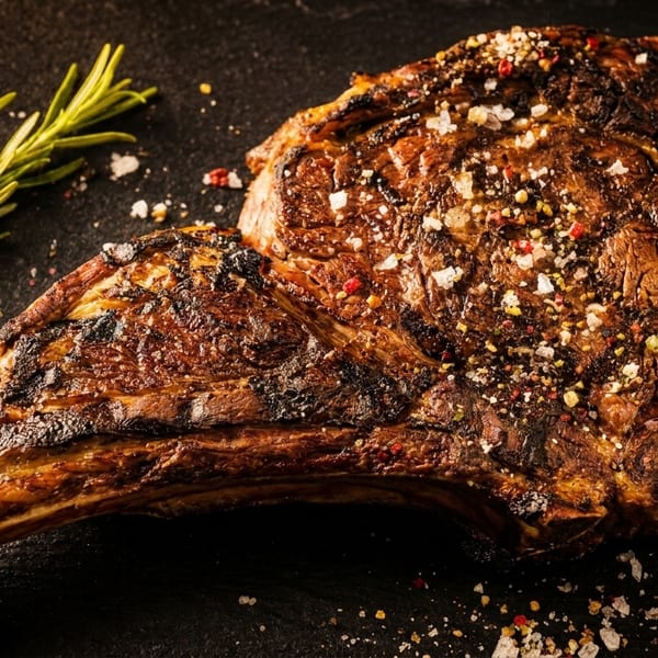 Grilled tomahawk steak seasoned with salt and pepper, garnished with a sprig of rosemary.