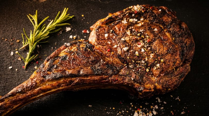 Grilled tomahawk steak seasoned with salt and pepper, garnished with a sprig of rosemary.